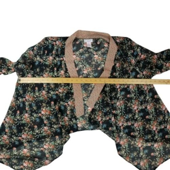 Loop18 Sheer Open Front Kimono Cardigan Top Womens Sz 21/23 Boho Black Floral - Picture 7 of 12